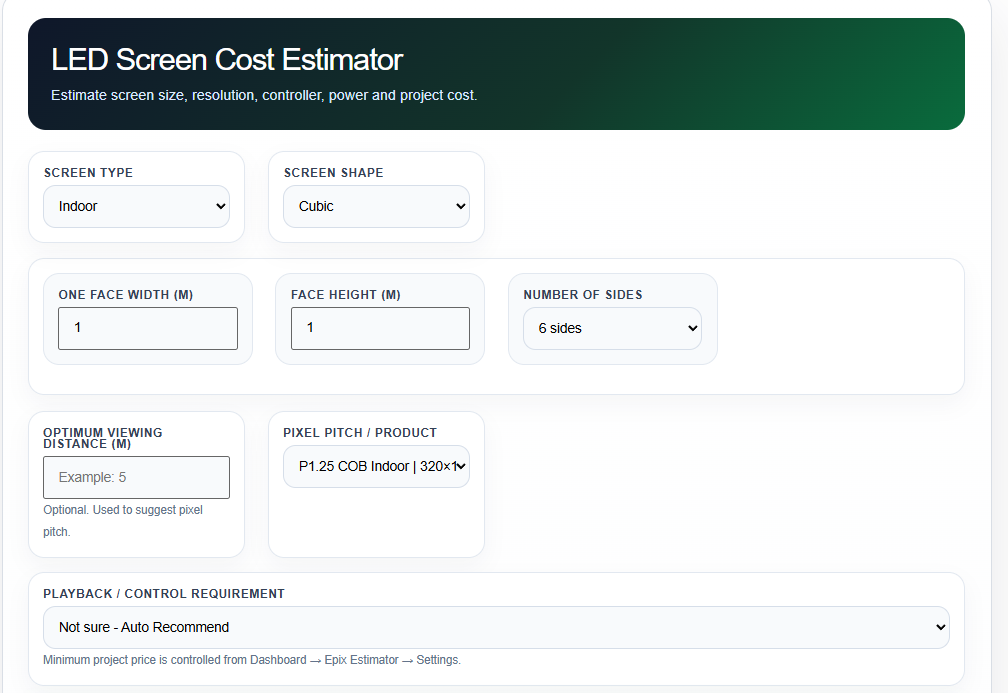 led screen cost estimator input box