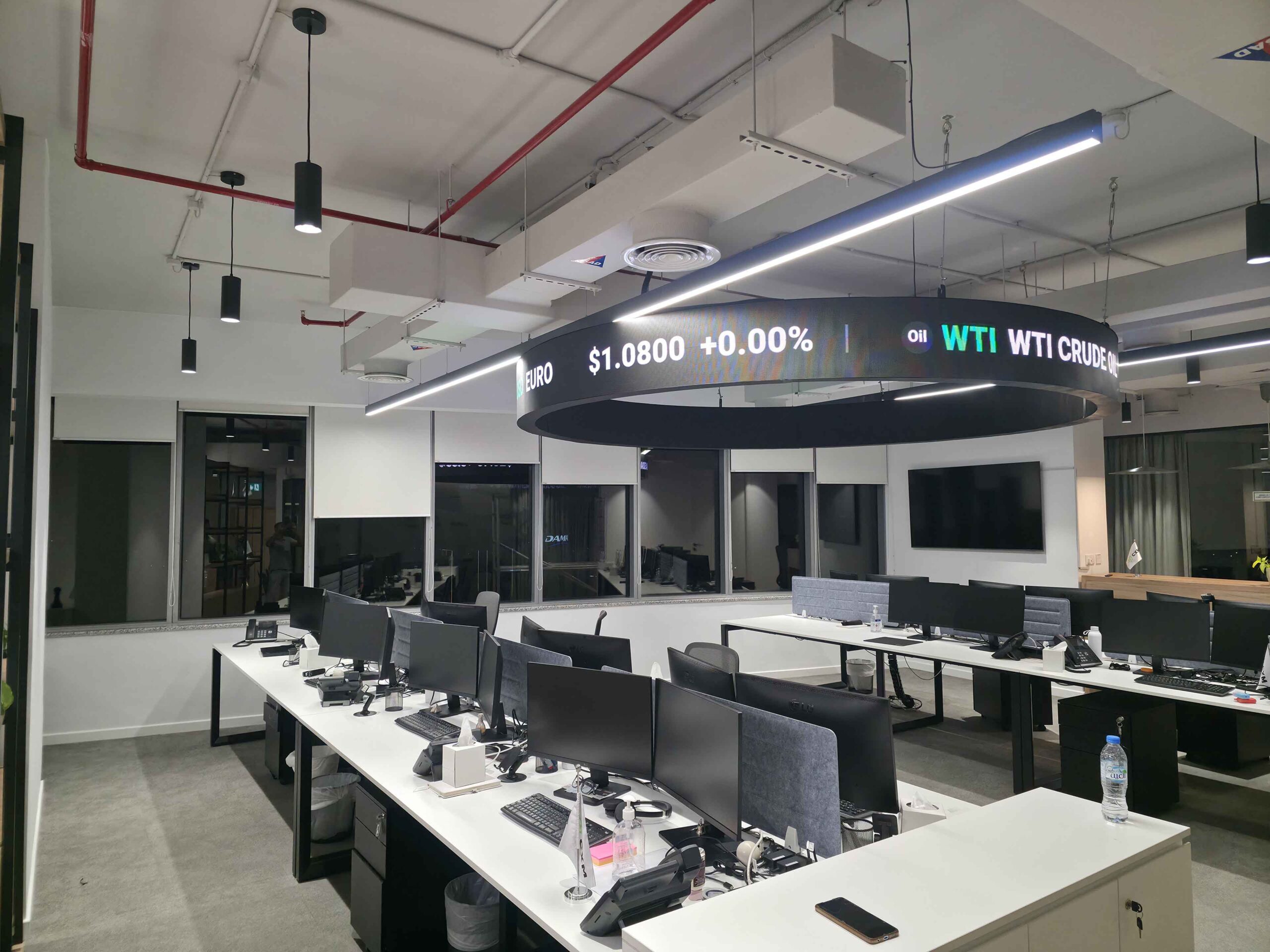Finished circular ticker LED screen displaying stock market prices