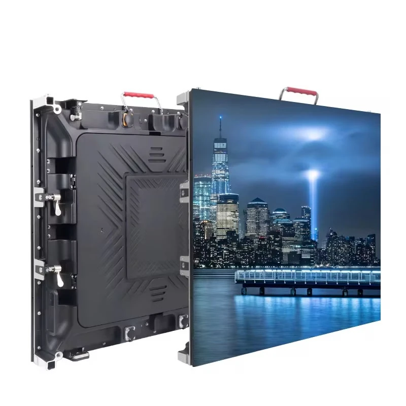 Epix outdoor LED cabinet shown from the front with a skyline image and from the rear with its door closed