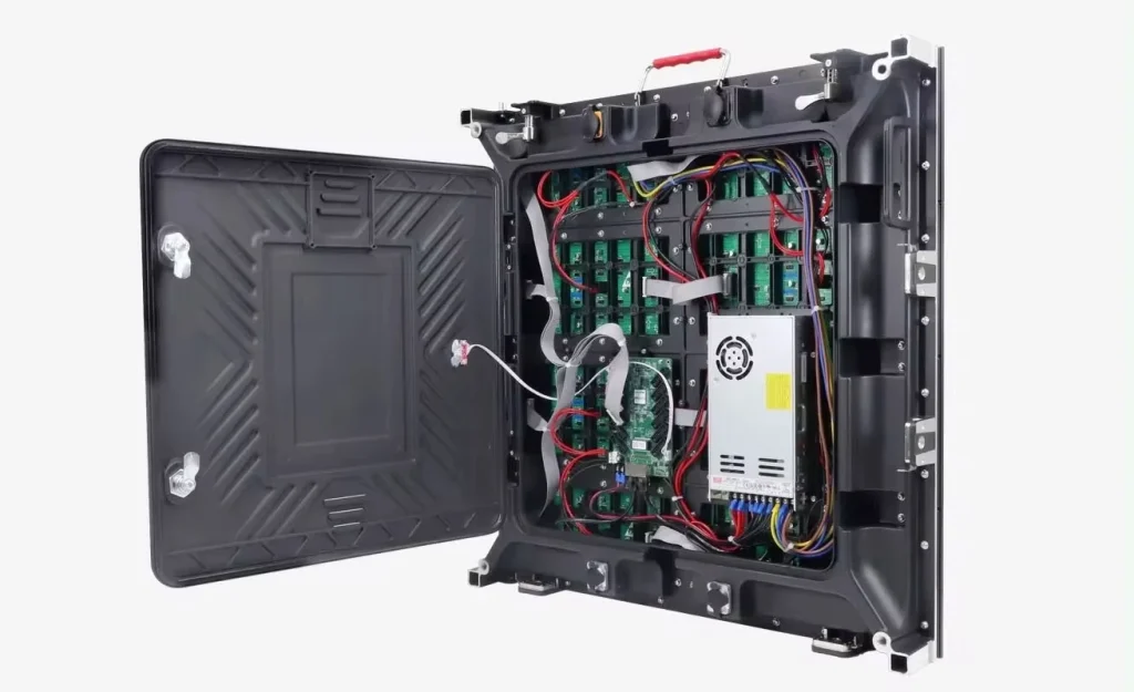 Open rear door of an Epix outdoor LED cabinet showing internal circuit boards, cabling and a power supply