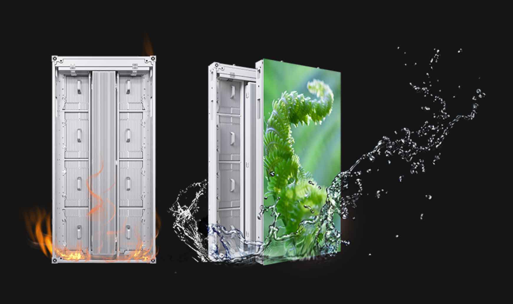 Outdoor Premium Series LED cabinet and display illustration with a water-splash graphic