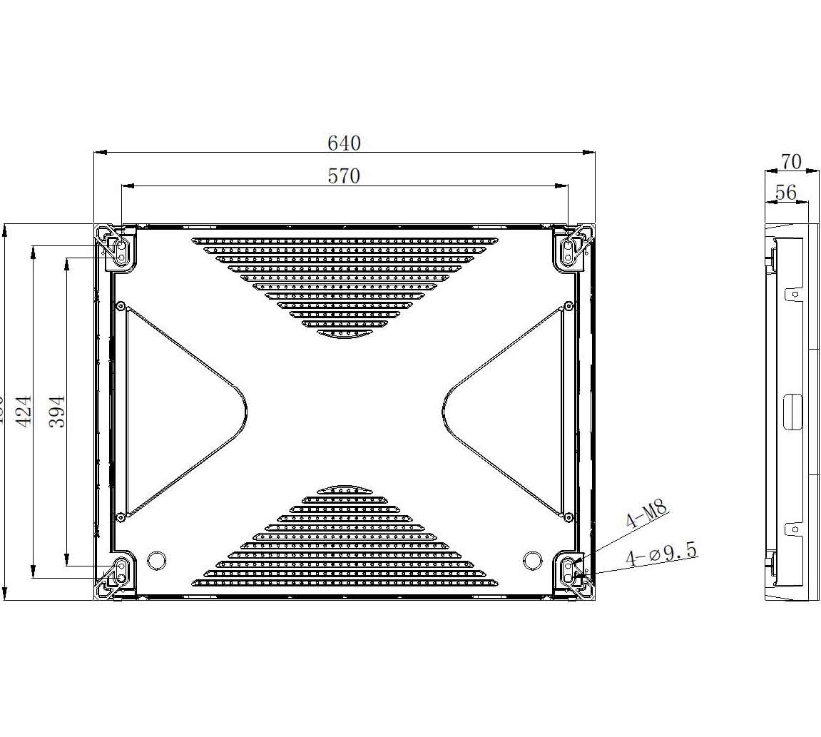 Technical drawing of a 640 by 480 millimetre indoor COB LED screen cabinet