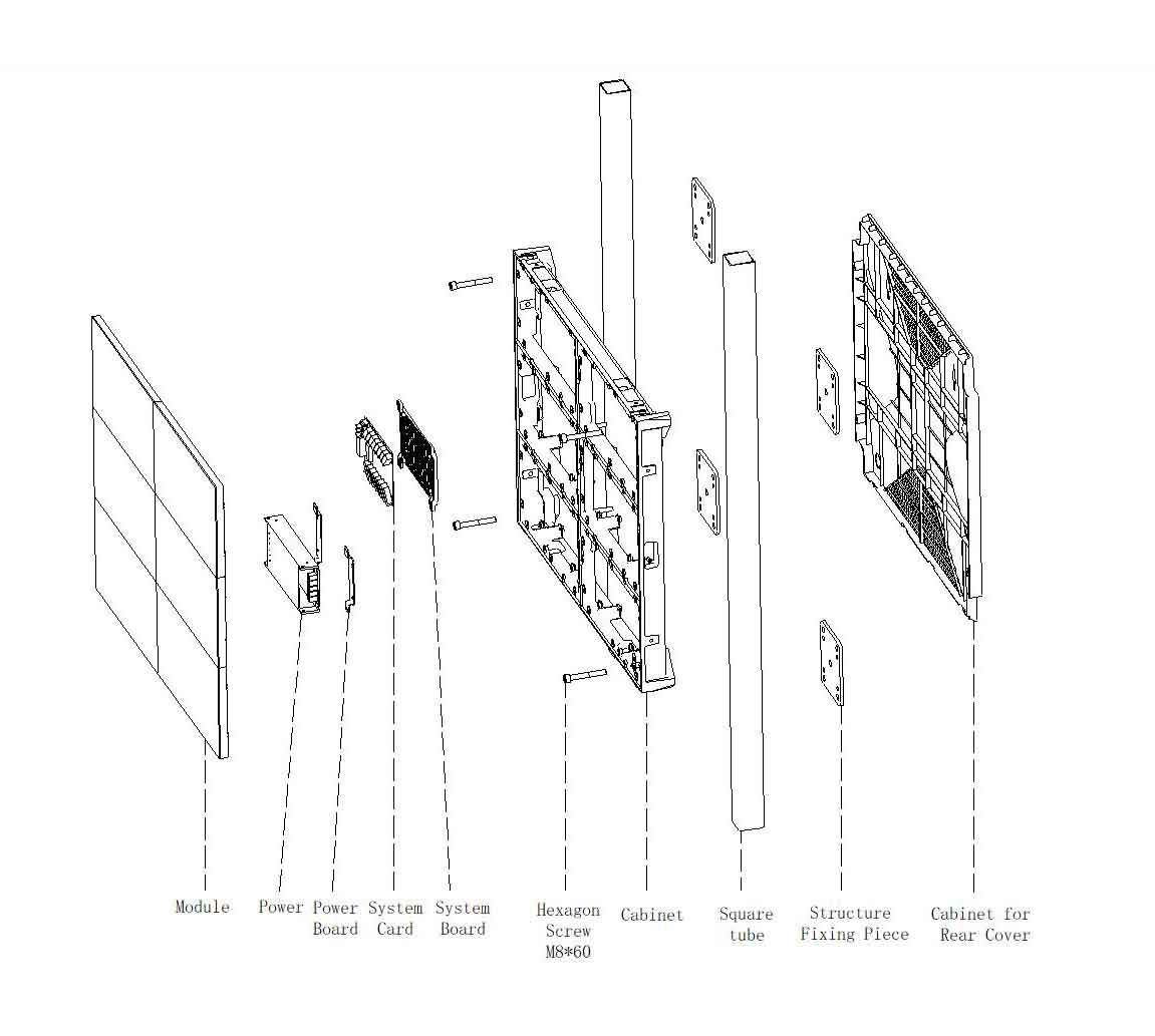 Technical installation drawing for a 640 by 480 millimetre indoor LED screen cabinet