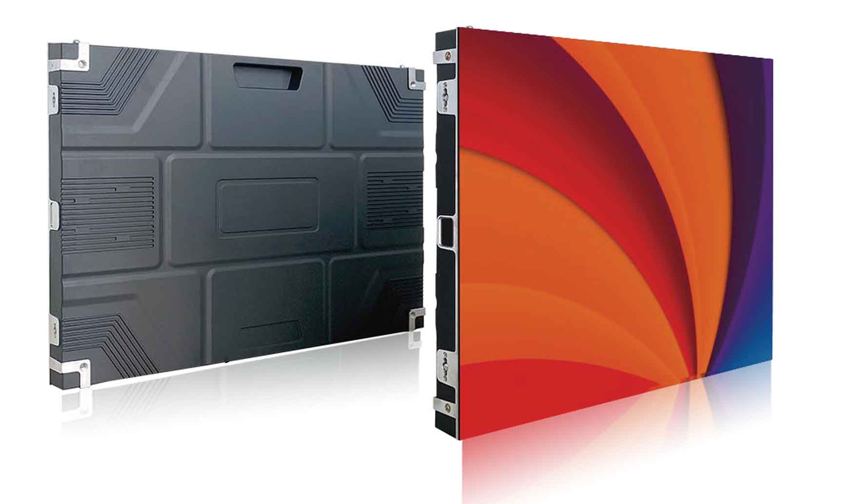 Front and rear construction of a 640 by 480 millimetre aluminium cabinet for indoor COB LED screens