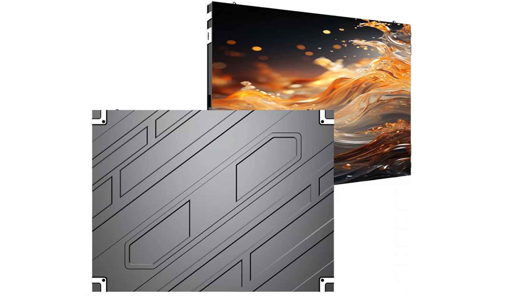 Front and rear views of a 640 by 480 millimetre aluminium cabinet for an indoor SMD LED display